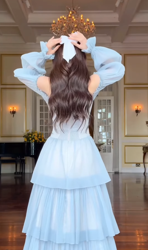 Blue A Line Long Sleeve Lace Layered Chiffon Long Prom Dress Outfits SH4779