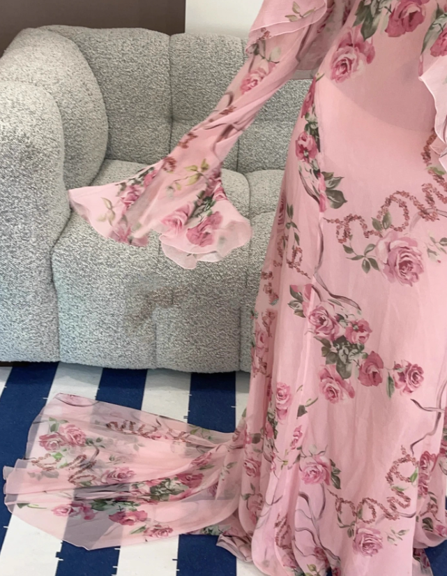 Flowy Pink A Line Spaghetti Strap Print Floral Chiffon Open Back Prom Dress Vacation Dress SH3985