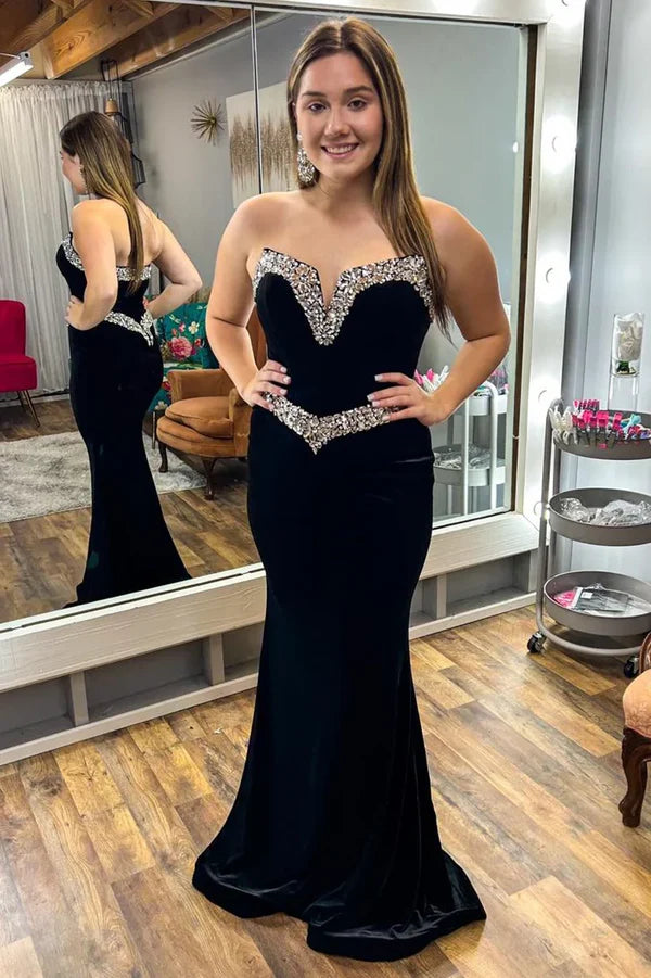 Mermaid Strapless Rhinestone Velvet Prom Dresses Evening Dresses SH1659
