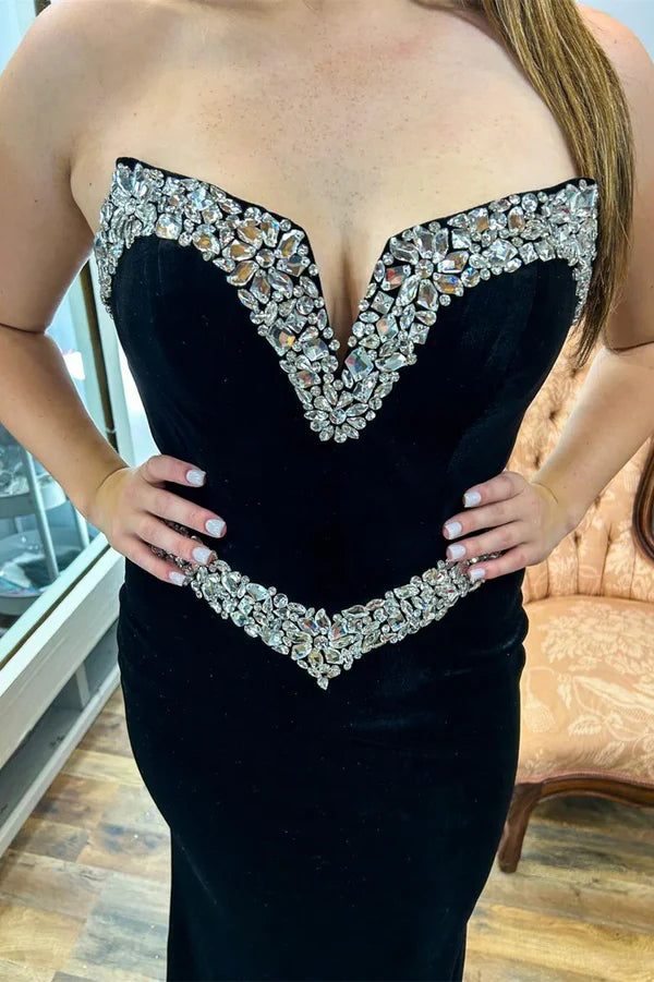 Mermaid Strapless Rhinestone Velvet Prom Dresses Evening Dresses SH1659