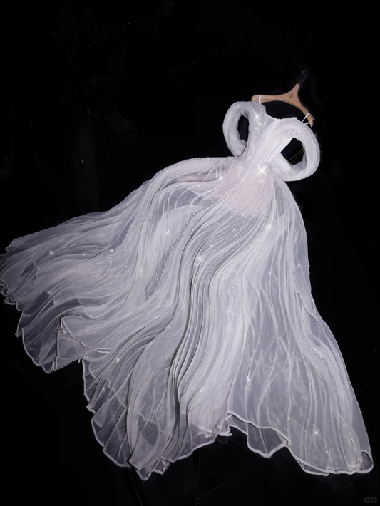 Flowy Gentle A Line Off the Shoulder White Tulle Long Prom Dress Party Dress SH3491