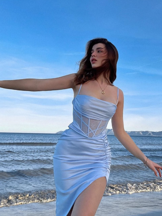 Baby Blue Sheath Spaghetti Strap Lace Satin Homecoming Dress Birthday Dress SH3949