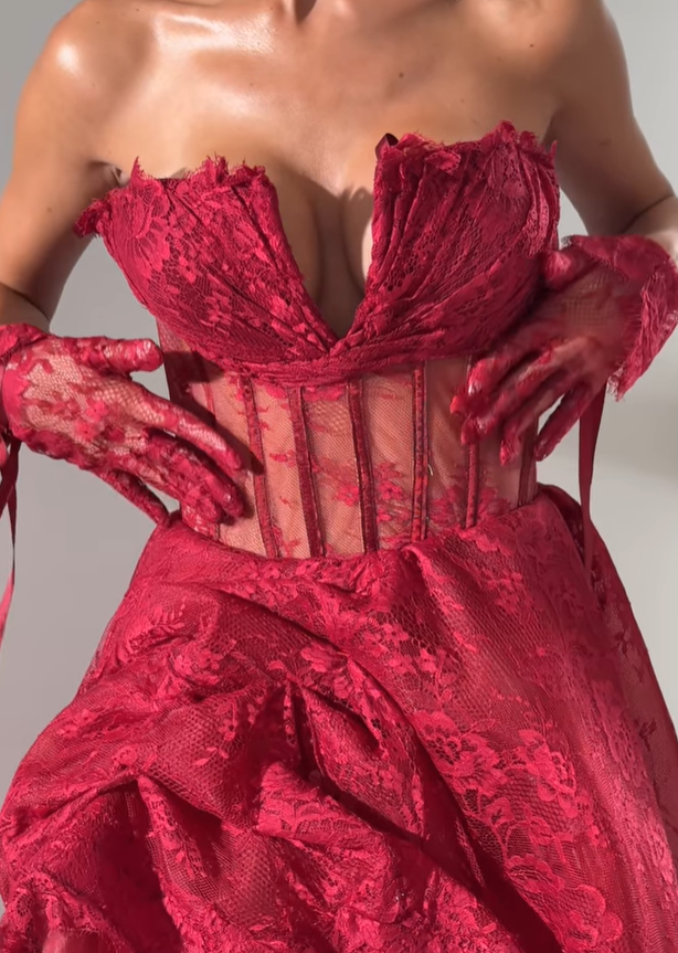 Charming Red A Line Strapless Corset Lace Long Prom Dress Evening Dress SH6546