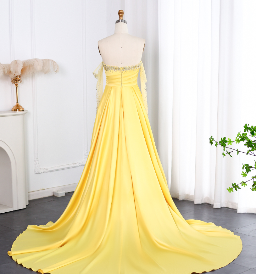 Elegant A Line Sweetheart Neck Long Sleeve Rhinestone Satin Long Prom Evening Dress SH2390