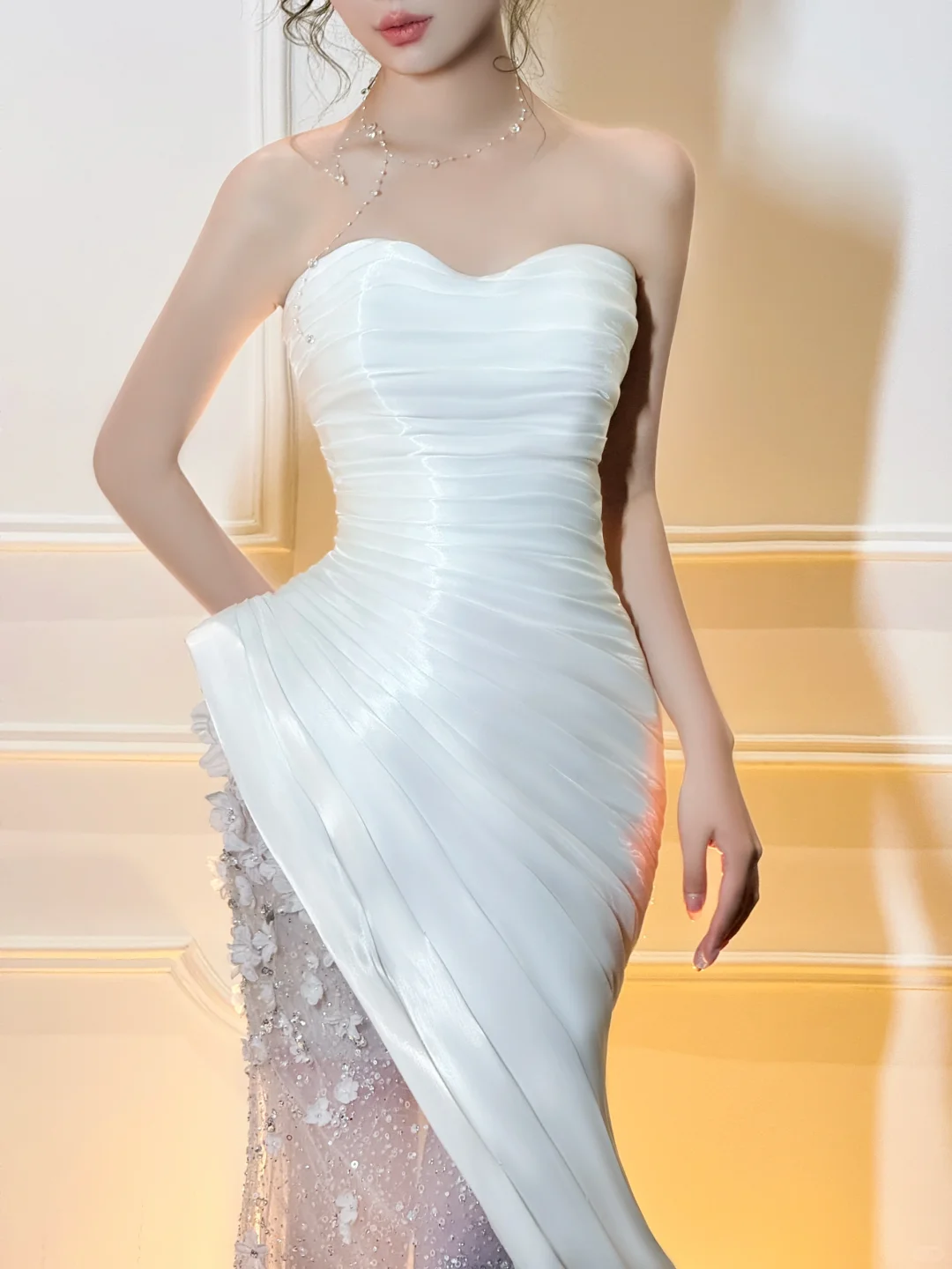 White Mermaid Strapless Floral Pleated Satin Tulle Long Prom Dress Party Dress SH4687