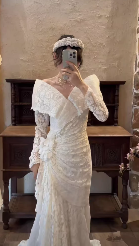 Vintage Mermaid Long Sleeve White Lace Long Prom Dress Wedding Dress SH5159
