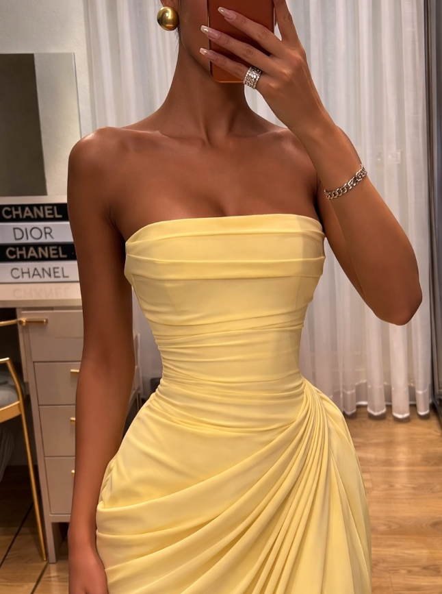 Simple Yellow Sheath Strapless Pleated Chiffon Prom Dress Evening Dress SH6267