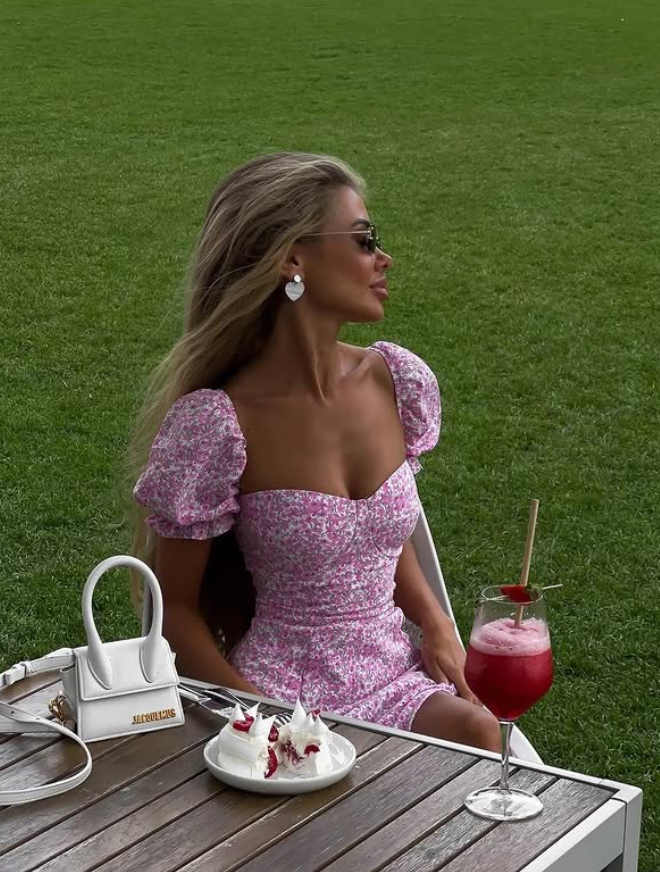 Romantic A Line Off the Shoulder Pink Print Floral Satin Vacation Dress Outfits with Slit SH4360