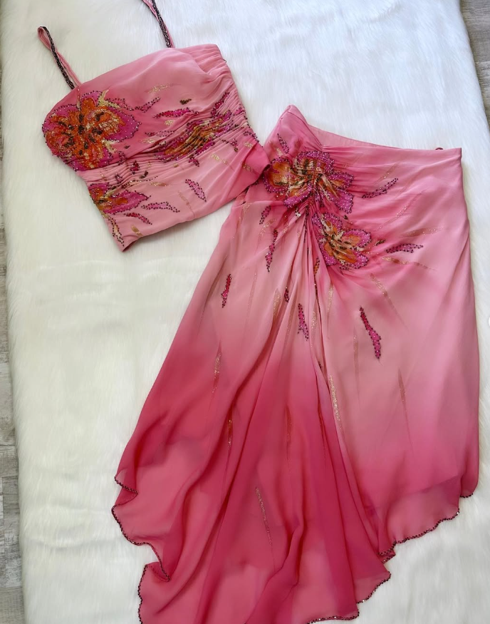 Vintage A Line Spaghetti Straps Two Piece Pink Chiffon Short Party Dress Homecoming Dress SH2002