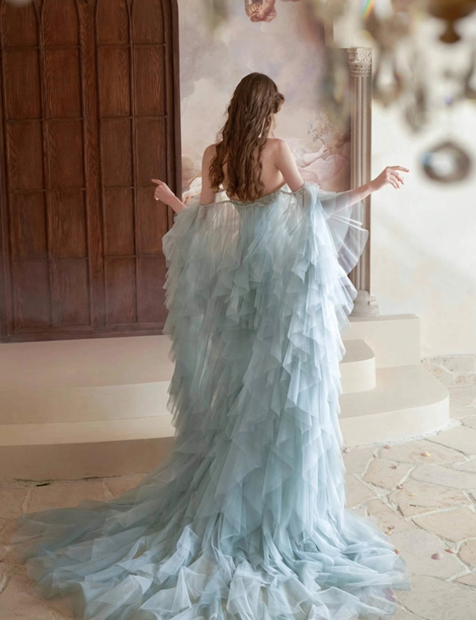Dreamy Blue Mermaid Sweetheart Neck Feather Tulle Prom Dress Party Dress SH4079