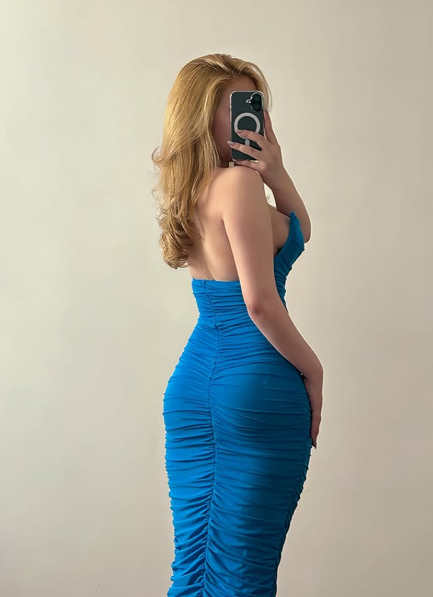 Blue Sheath Strapless Pleated Satin Tea Length Prom Dress Evening Dress SH6830