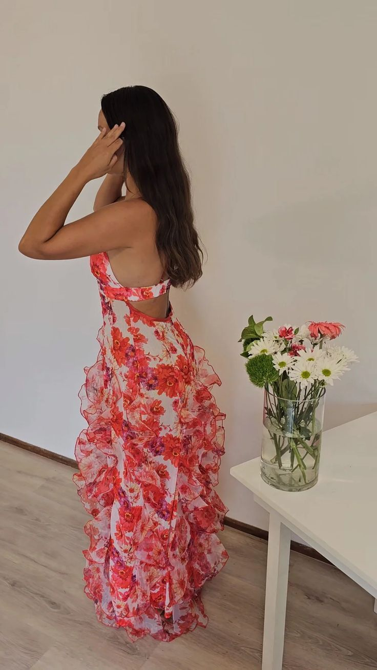 Spaghetti Straps Chiffon Ruffles Print Floral A-Line Long Party Dress Prom Dress SH1488
