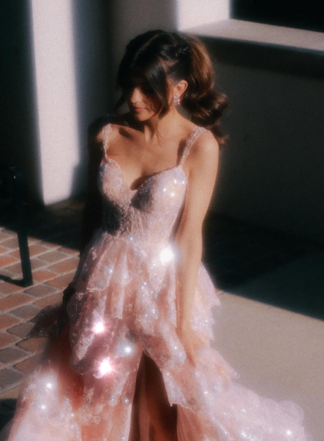Elegant A Line Off the Shoulder Tiered Sequin Light Pink Tulle Prom Dress Evening Dress SH2385