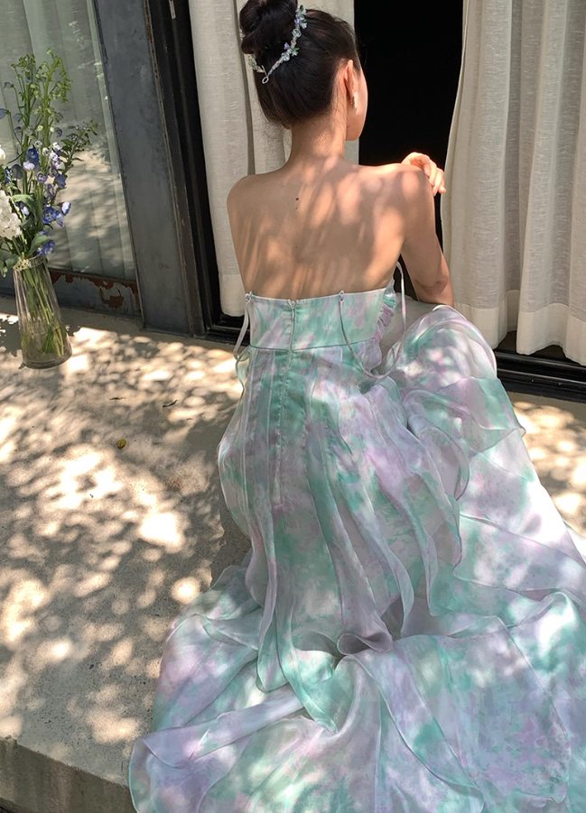 Dreamy Multi-color A Line Strapless Ruffle Chiffon Long Prom Dress Party Dress SH4038