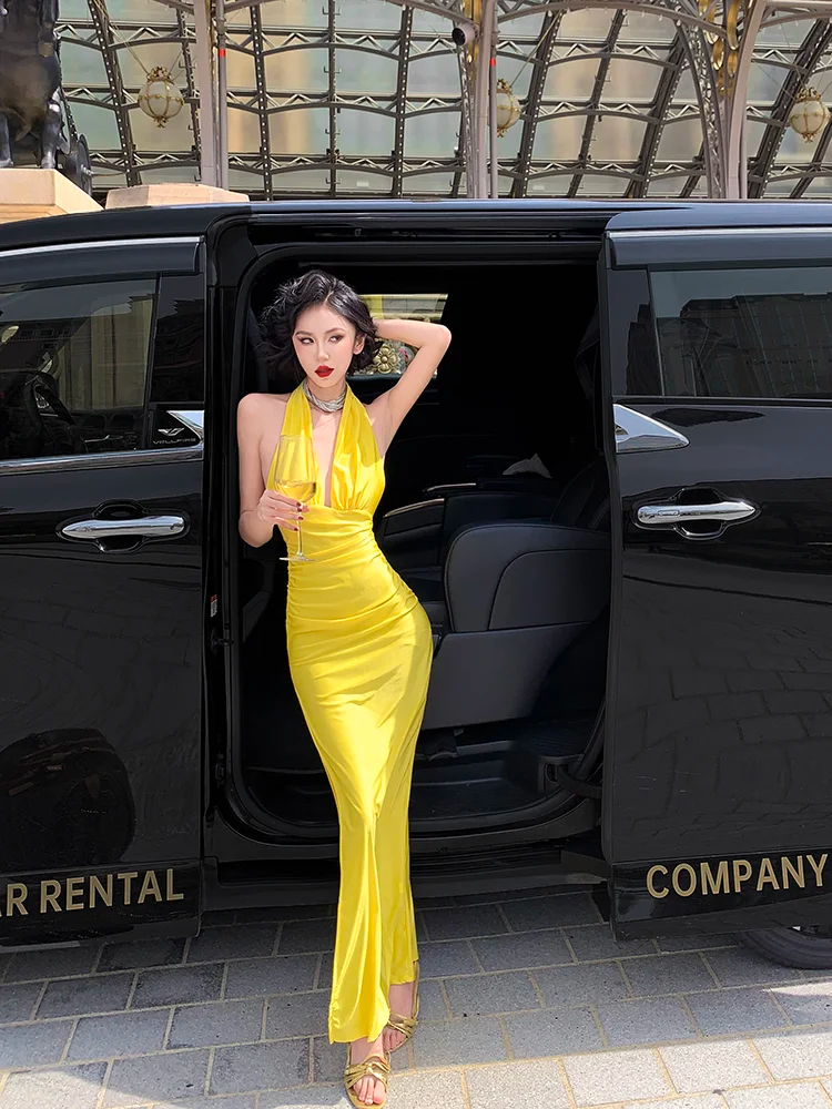 Sexy Bright Yellow Sheath Halter Satin Open Back Prom Dress Evening Dress with Slit SH4335