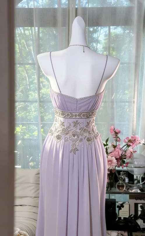 Fairy Lilac A Line Straps Exquisite Beaded Chiffon Prom Dress Wedding Guest Dress SH5399
