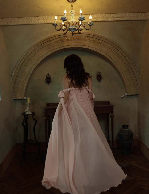 Gentle A Line Spaghetti Strap Pleated Light Pink Chiffon Prom Dress Formal Dress SH4170