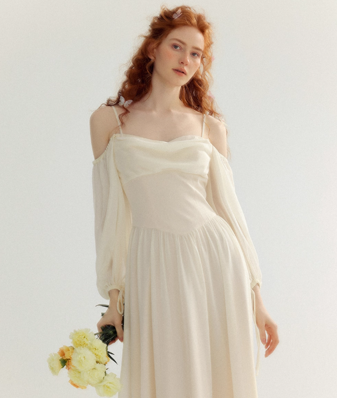 Ivory Gentle A Line Long Sleeve Chiffon Long Prom Dress Party Dress Outfits SH4149