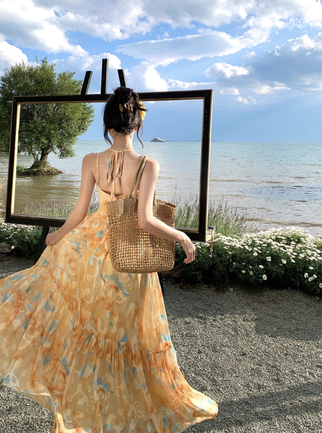 Flowy A Line Spaghetti Strap Floral Yellow Chiffon Prom Dress Vacation Dress SH4138