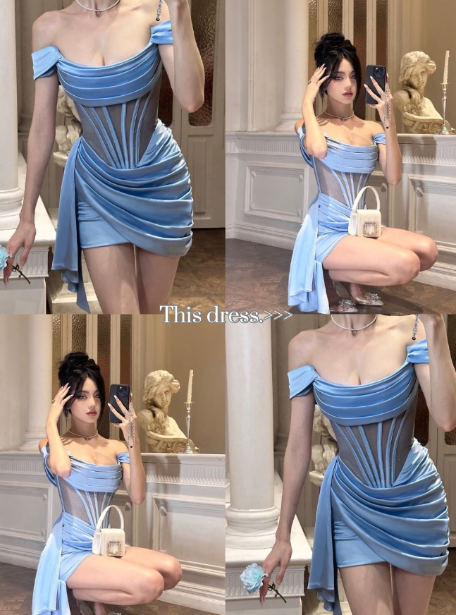 Sexy Sheath Off the Shoulder Corset Blue Satin Homecoming Dress Cocktail Dress SH3185