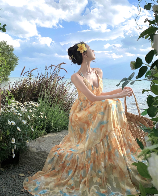 Flowy A Line Spaghetti Strap Floral Yellow Chiffon Prom Dress Vacation Dress SH4138