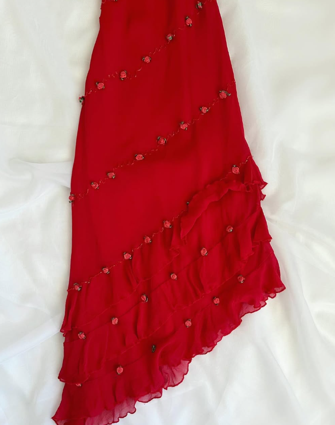 Vintage Burgundy Floral Beaded Ruffles Chiffon Prom Dress Evening Party Gowns SH3536