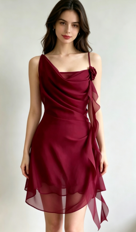 Burgundy A Line Spaghetti Strap Floral Chiffon Short Party Dress Homecoming Dress Outfits SH3601
