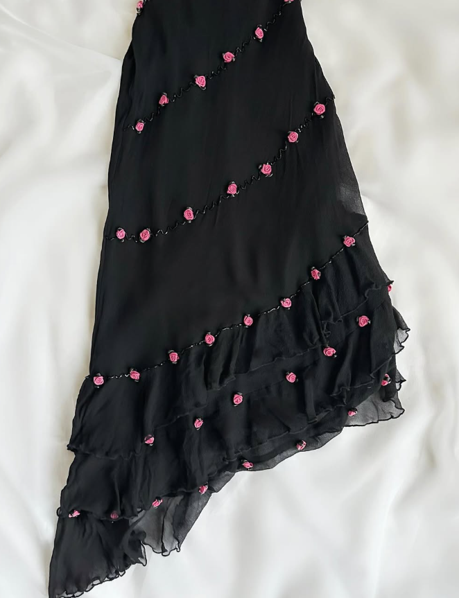 Vintage Blue Floral Black Beaded Ruffles Chiffon Prom Dress Evening Party Gowns SH3537