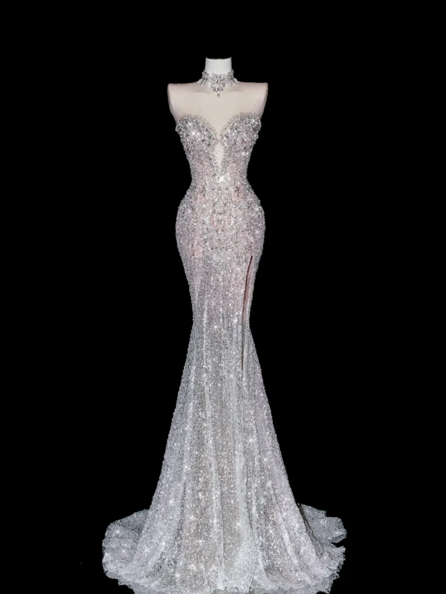 Stunning Mermaid Strapless Rhinestone Sequin Tulle Long Prom Dress Party Dress with Slit SH3250