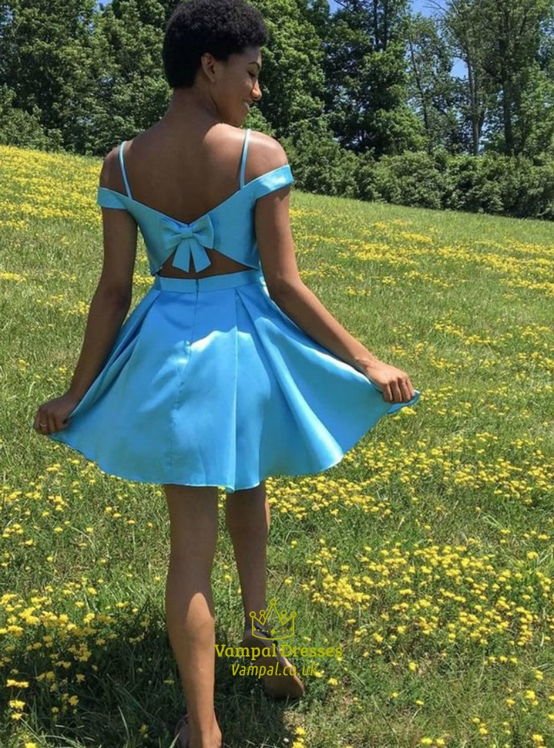 Spaghetti Strap Blue V Neck Back Satin Short Prom Dress With Bow SH660