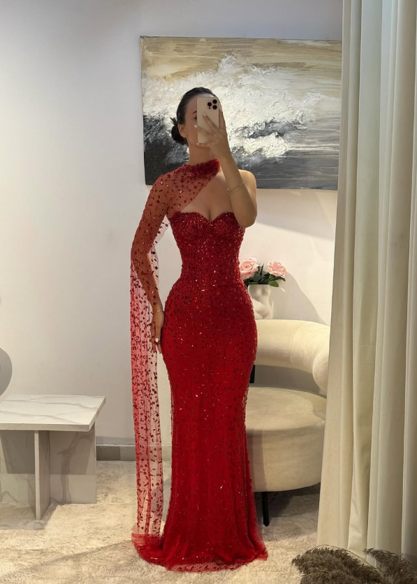 Sexy Red Sheath Strapless Beaded Tulle Prom Dress SH4567