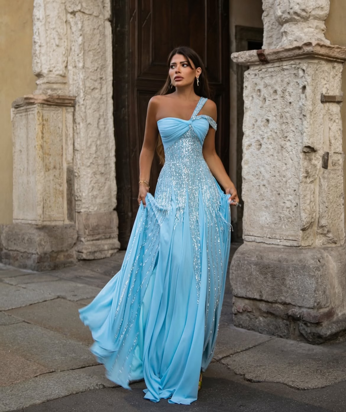 Blue A Line One Shoulder Sequin Beaded Chiffon Prom Dress Evening Dress SH8538