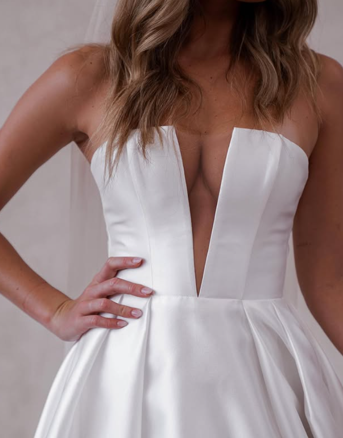 A Line Deep V Neck Satin Long Sweep Wedding Dress Prom Dress with Slit SH4127