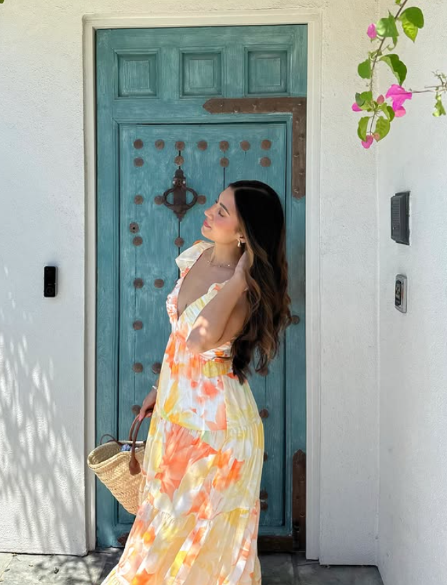Yellow A Line Strap Orange Print Floral Chiffon Prom Dress Vacation Dress SH6256