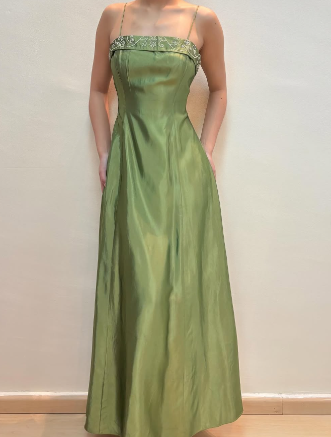 Vintage A Line Spaghetti Strap Beaded Green Satin Prom Dress Evening Dress SH2143 Vintage A Line Spaghetti Strap Beaded Green Satin Prom Dress Evening Dress SH2143