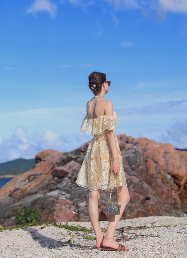 Golden A Line Off the Shoulder Lace Short Homecoming Dress Vacation Dress Outfits SH3996