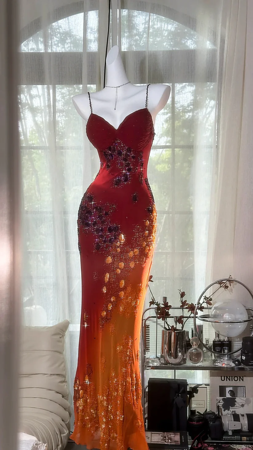 Exquisite Burgundy Orange Floral Beaded Ball Gown Long Chiffon Date Dress Evening Dress SH3433