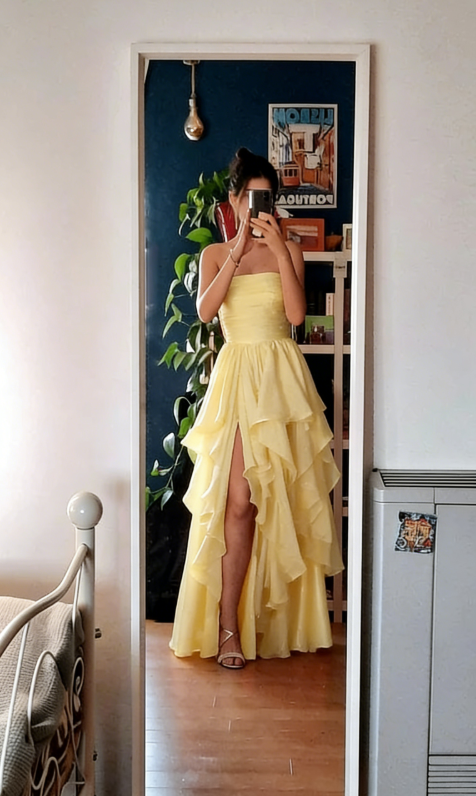 Sexy Red Chiffon Tiered Long Prom Dress A Line Slit Evening Dress SH1495