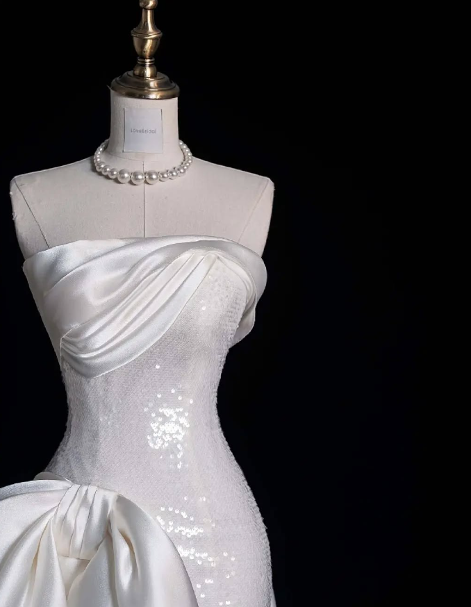 Cute Sheath Strapless Bow White Sequin Satin Long Sweep Prom Dress Graduation Prom Dress SH2566