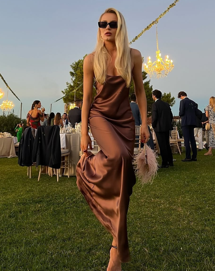 Simple Brown A Line Spaghetti Strap Satin Open Back Prom Dress Wedding Guest Dress SH4448
