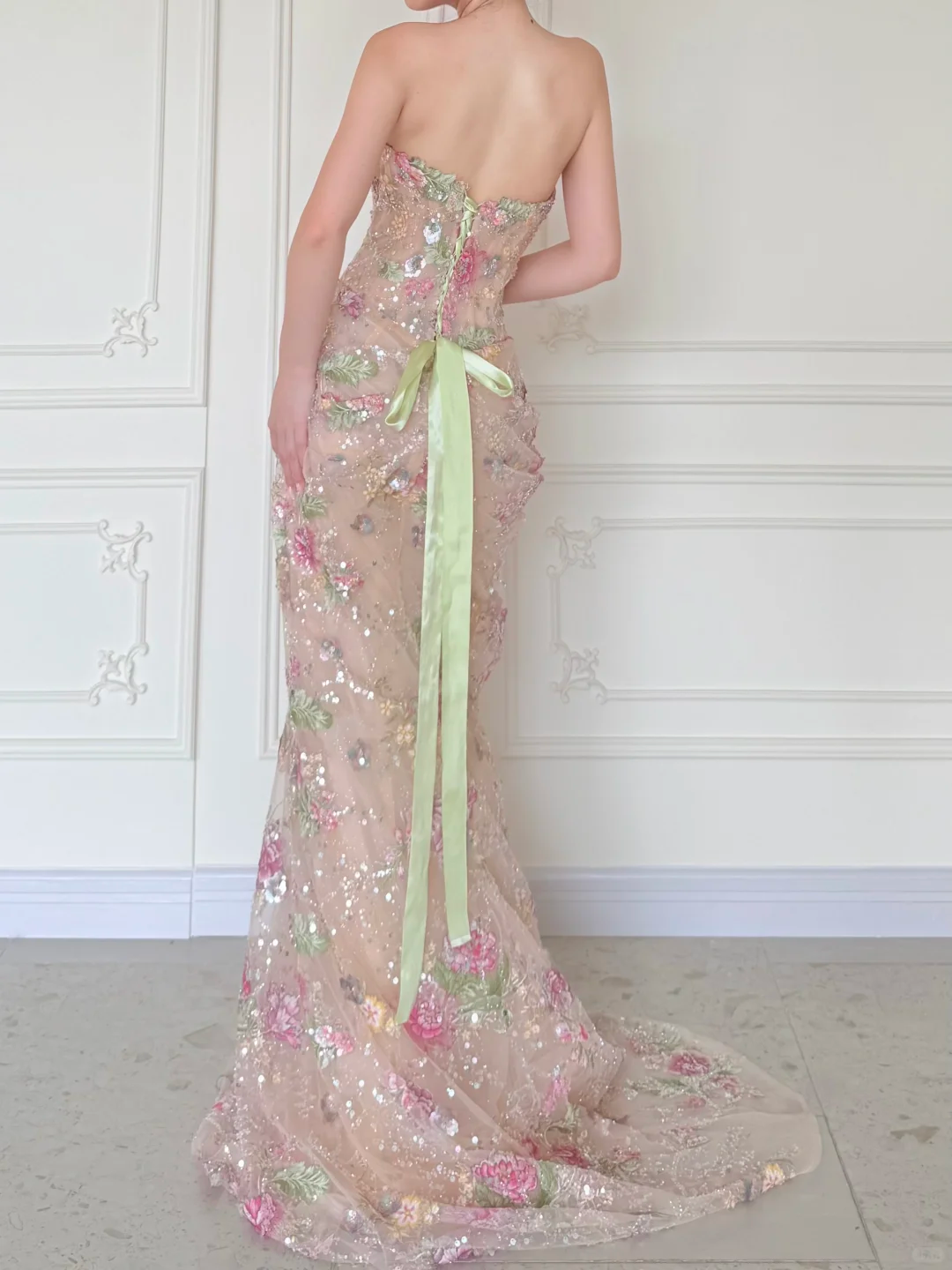 Luxurious Mermaid Strapless Floral Sequin Tulle Long Prom Dress Evening Dress SH5843