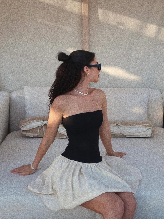 Simple A Line Strapless Black White Satin Mini Homecoming Dress SH3339