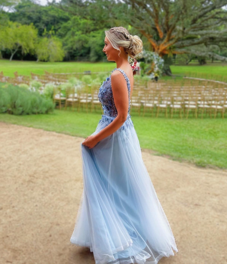 Pretty Blue A Line V Neck Beaded Tulle Long Prom Dress Evening Dress SH6542