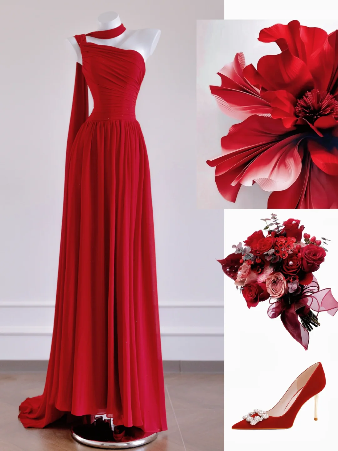 Flowy Red A Line One Shoulder Chiffon Long Prom Dress Party Dress SH4364
