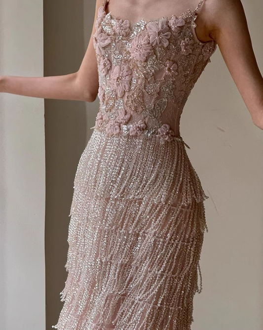 Exquisite Beaded Floral A Line Spaghetti Strap Tulle Long Evening Dress Gown Dress SH3586