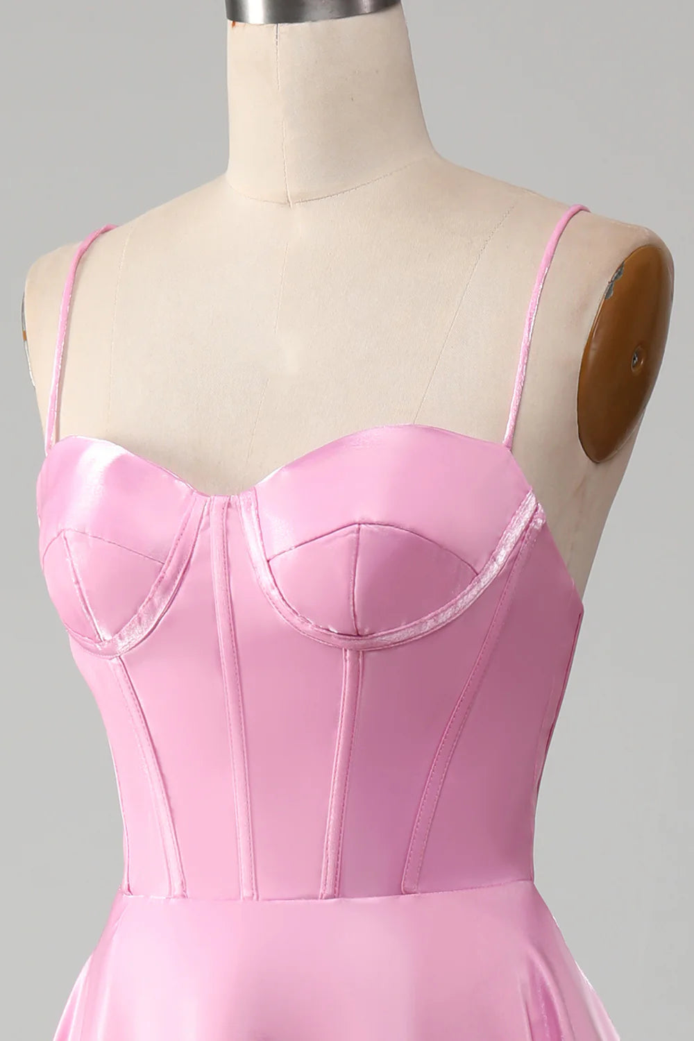 Simple A Line Spaghetti Straps Pink Satin Corset Prom Dress Evening Dress SH1658