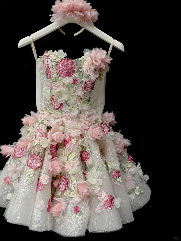 Pink Flower A Line Sweetheart Neck Sequin Tulle Mini Homecoming Dress Cocktail Dress SH3699