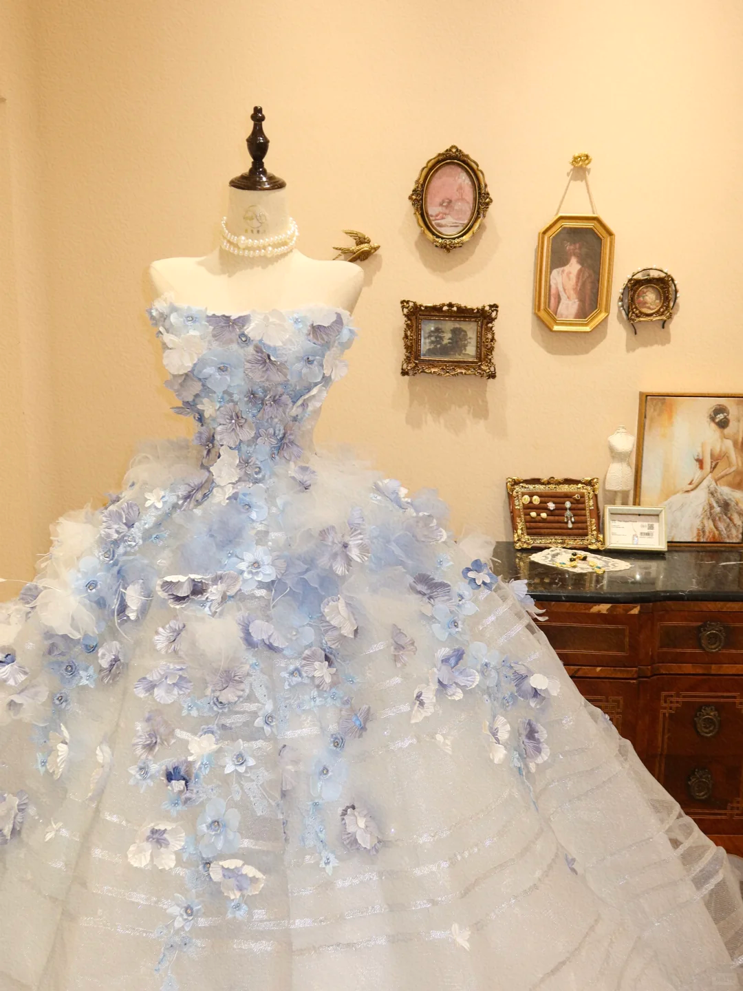 Blue Ombre Floral Ball Gown Strapless Tulle Long Prom Dress Evening Dress SH7384