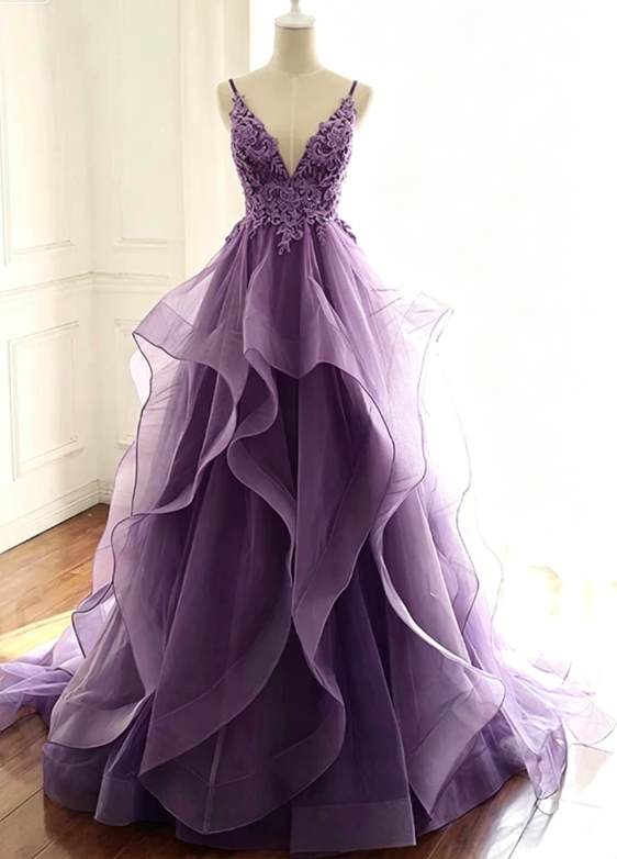 Elegant A Line Straps Blue Lace Layered Tulle Prom Dress Graduation Prom Dress P01330