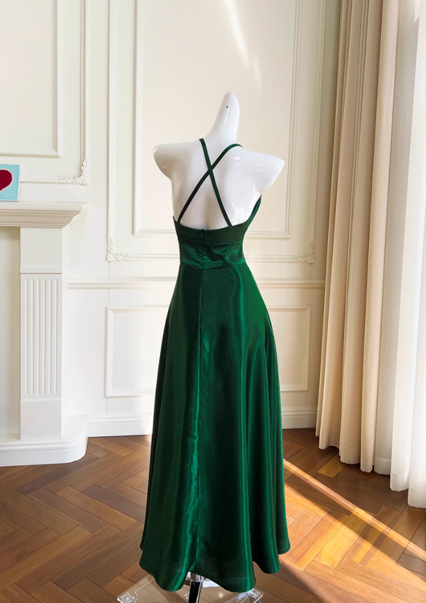 Stunning Green A Line Halter Satin Prom Dress Vacation Dress Wedding Guest Dress SH4504